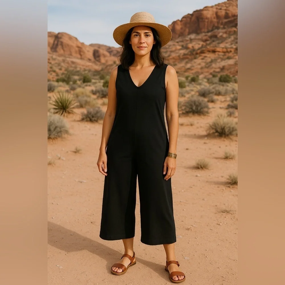 Eileen Fisher Womens Jumpsuit XXS Black Stretch V-neck Wide Leg Crop Minimalist